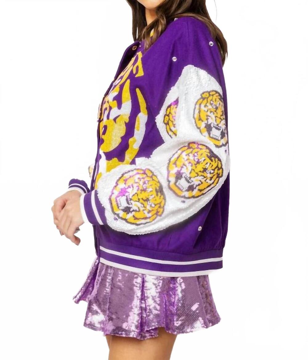 NEW QUEEN OF SPARKLES lsu bomber jacket in purple white - Picture 3 of 5
